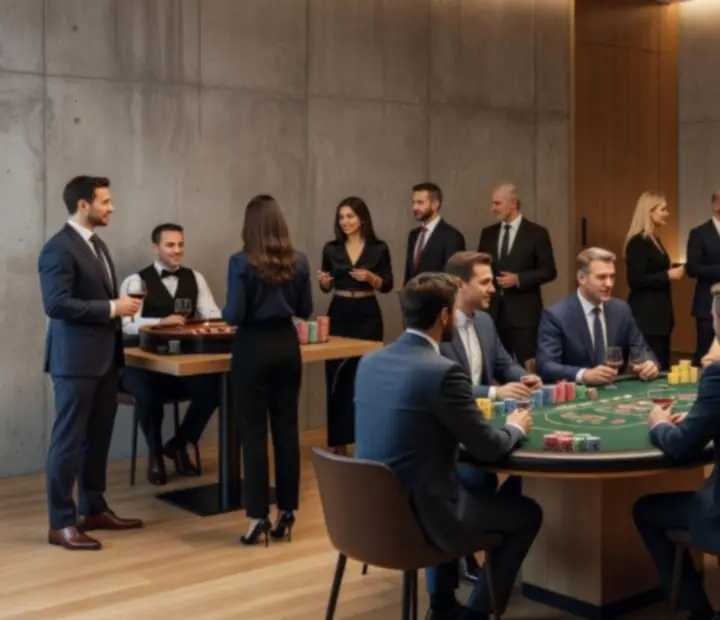 Moderní loftový prostor s připravenými herními stoly pro casino party