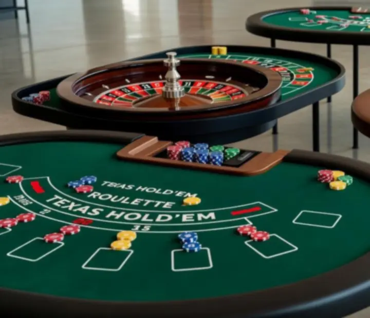 Profesionální herní stoly v loftovém prostoru připravené pro společenský casino večer