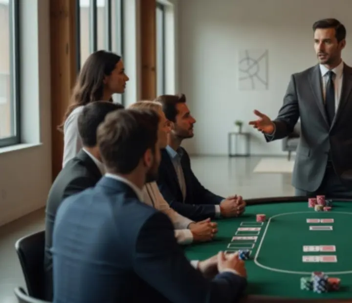 Moderátor vysvětluje pravidla pokeru hostům během večerního eventu
