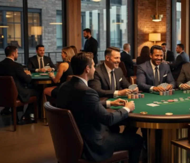 VIP pokerový večer v loftovém prostoru s designovými herními stoly